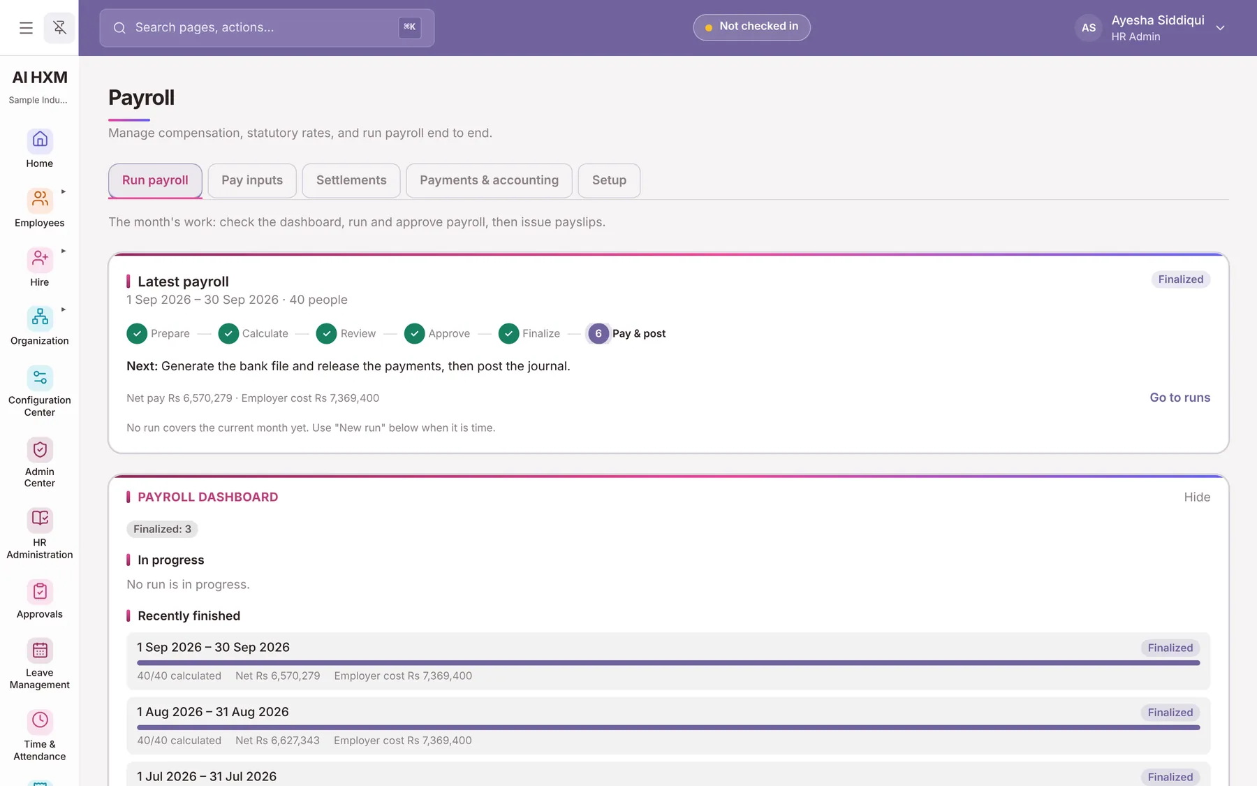 The Payroll area of AiHxM, from a demonstration company